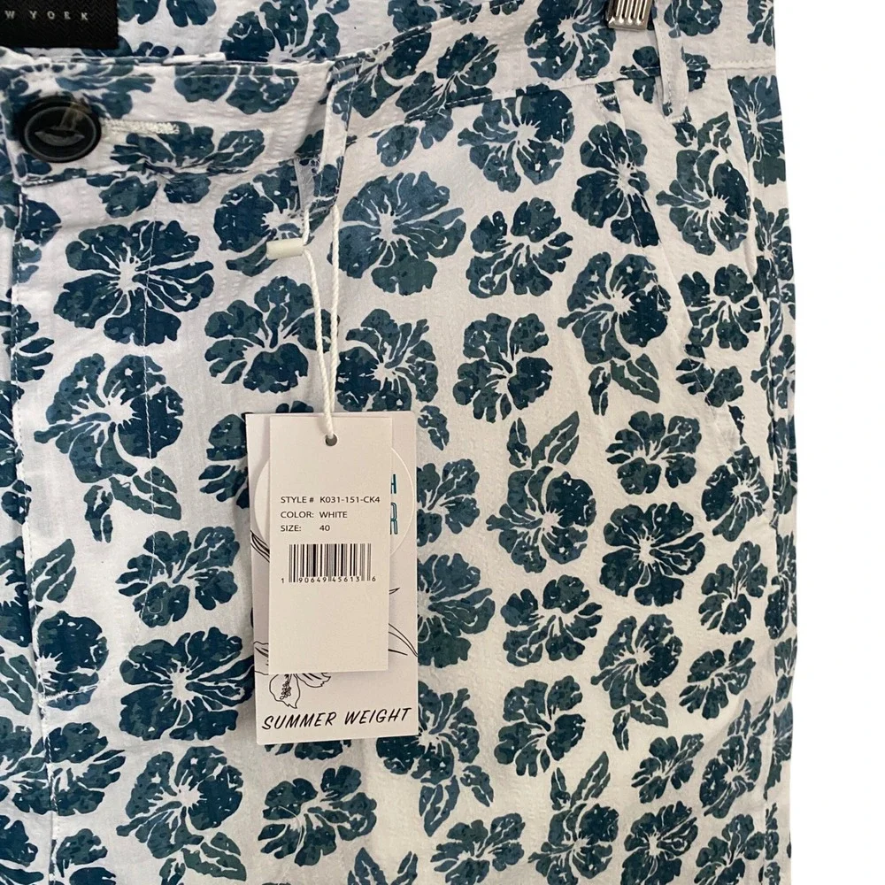 JACHS NY Mens 40 White Blue Hibiscus Floral Seersucker Cotton Shorts Flat Front